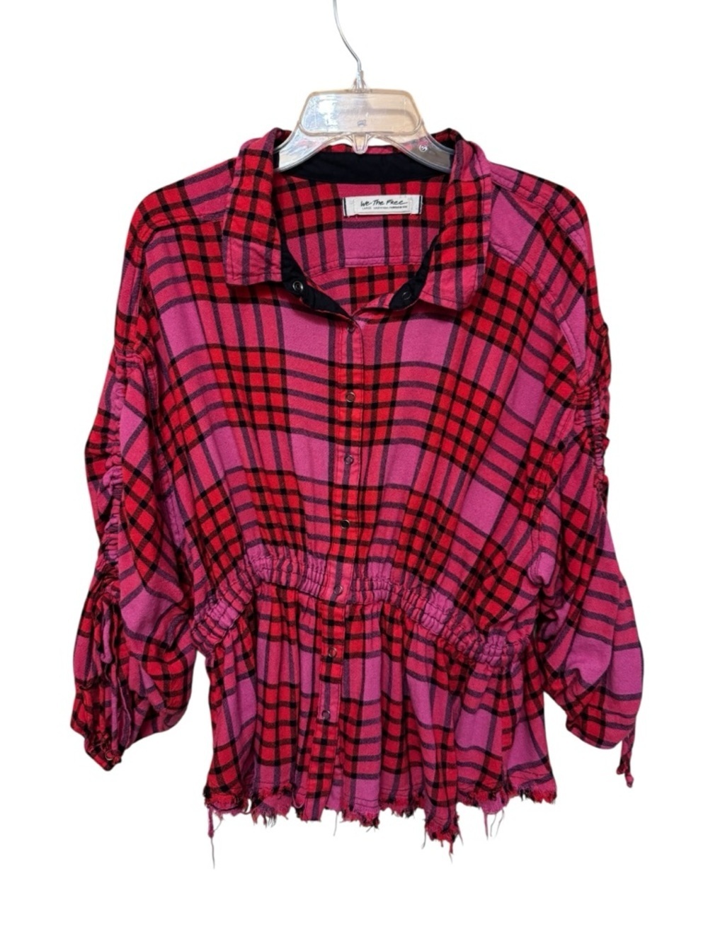 Free People We The Free Women Pink Red Plaid Peplum Blouse Large Boho Large